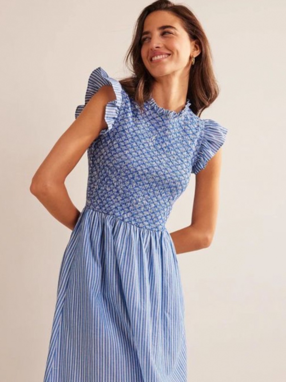 Boden Smocked Bodice Midi dress blue and white striped